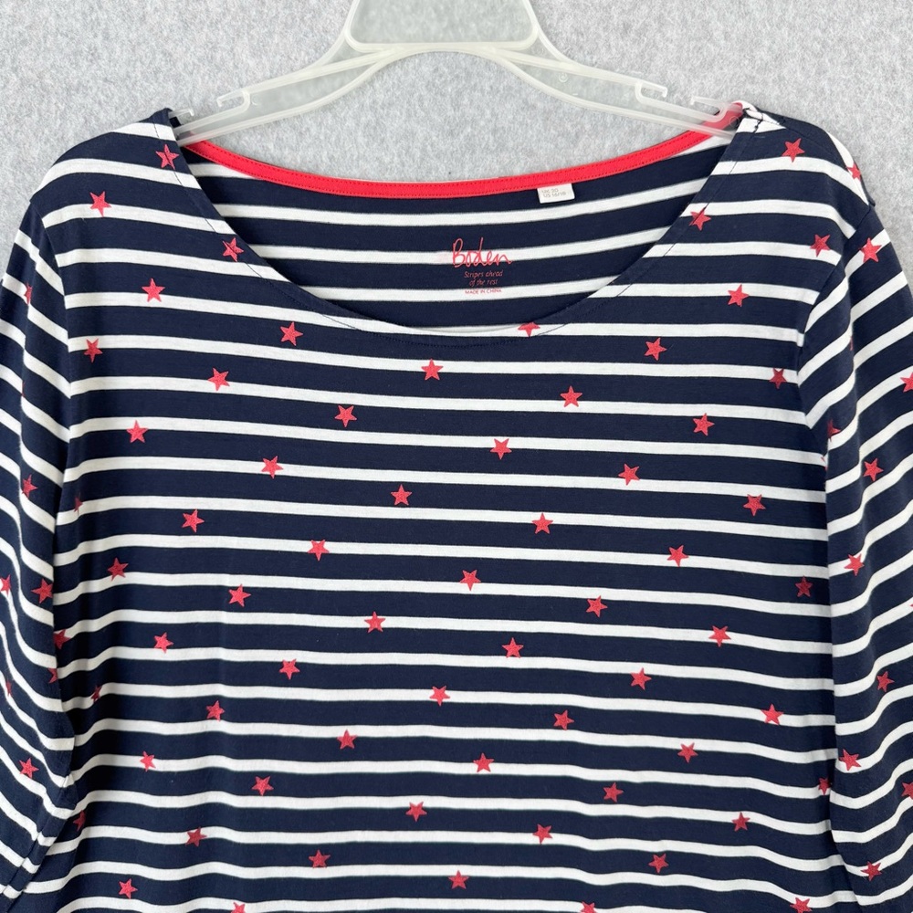 Boden T Shirt Women 16 / 18 Blue White Striped Red Stars Long Sleeve Cotton READ - Picture 2 of 16